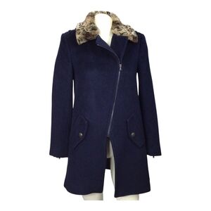 Rebecca Taylor Blue and Brown Pea Coat with Faux Fur Collar